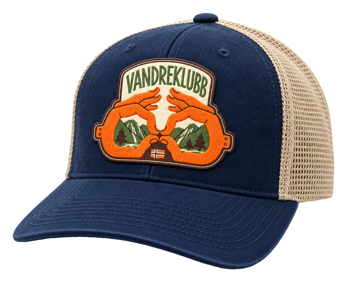 Marineblå trucker-caps med beige netting og brodert merke med hender formet som kikkert